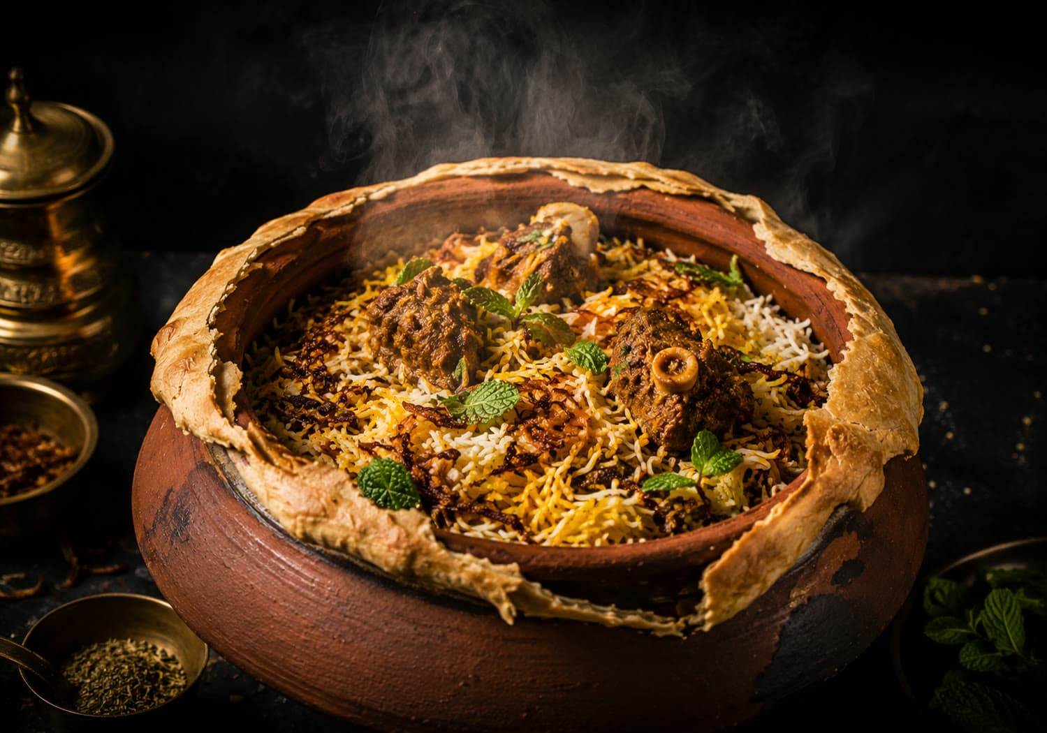 Mutton dum biryani sealed and steamed in a clay handi