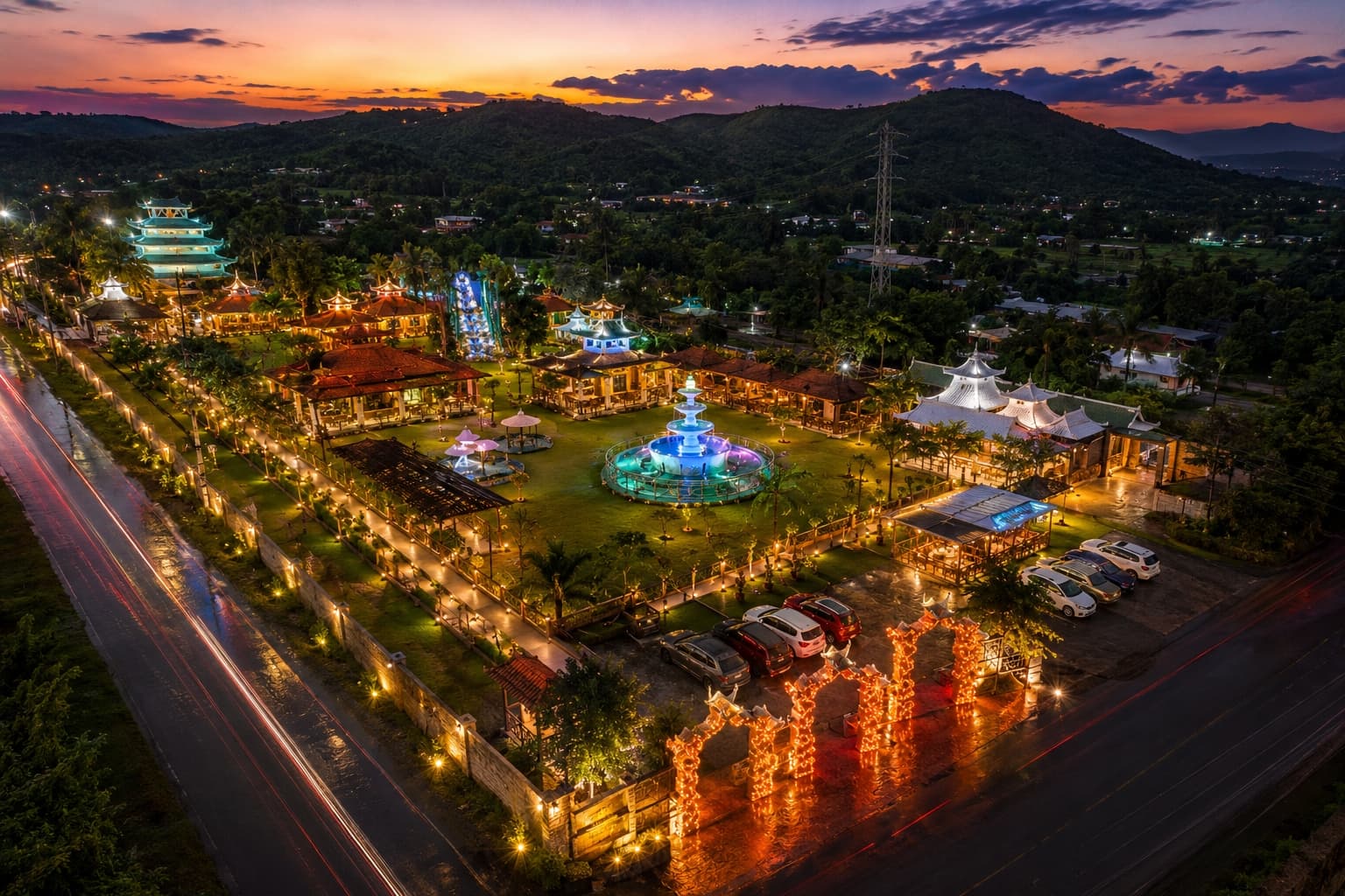 Aerial drone view of the full Royal Dhaba property at dusk