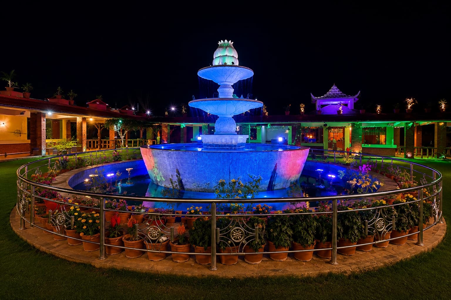 The lotus fountain glowing at night