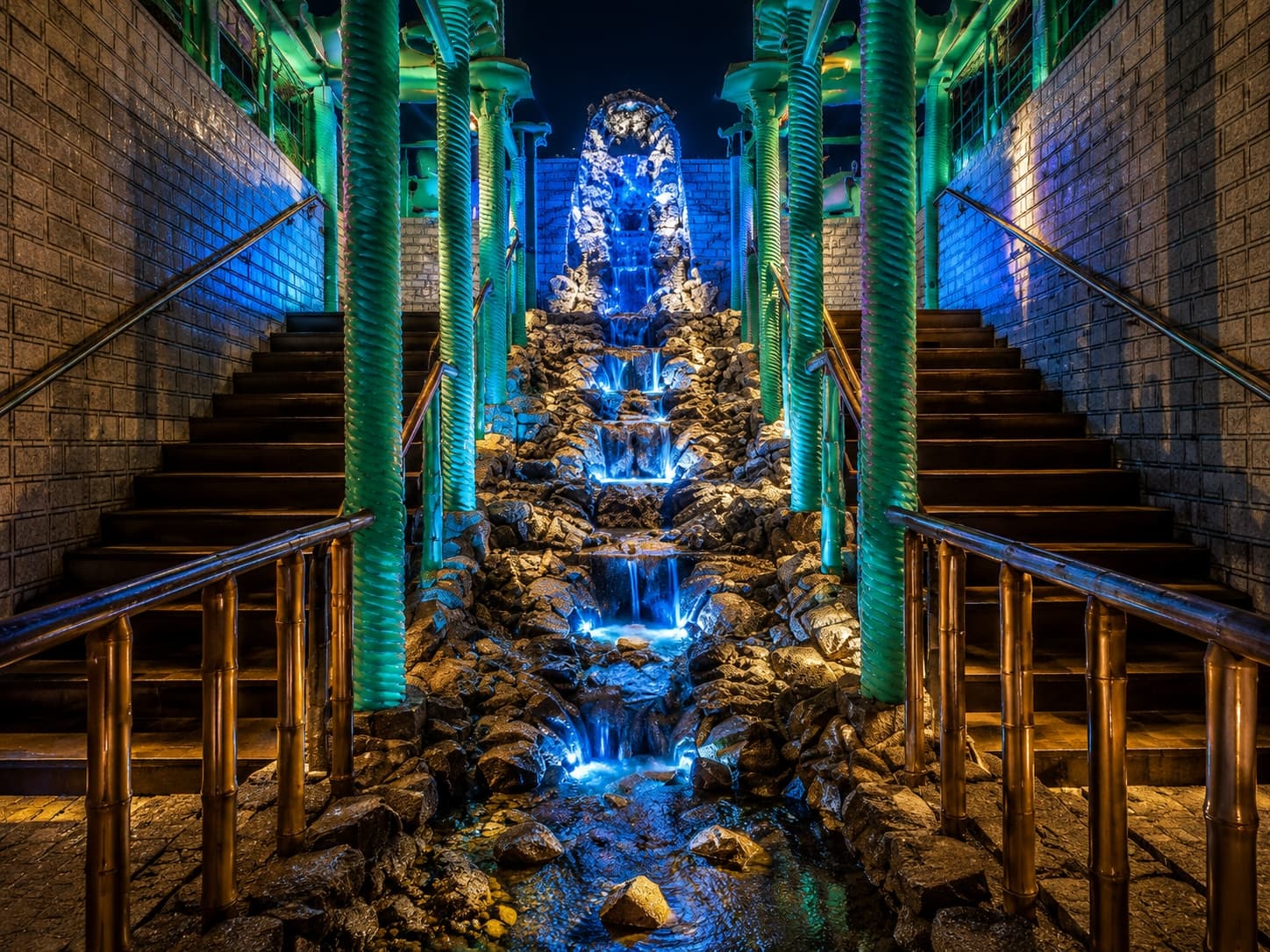 Stone waterfall staircase at Royal Dhaba, lit at night